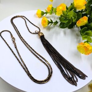 Cute and Simple Black and Gold Tone Long Layering Vintage Necklace with Tassel